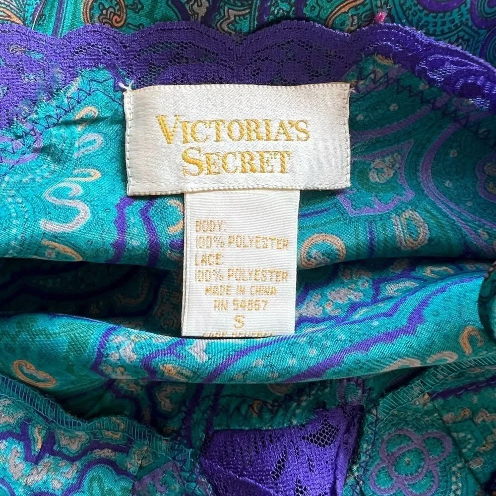 Vintage gold label VS Victorias Secret teal paisley lace Y2K mini slip dress S